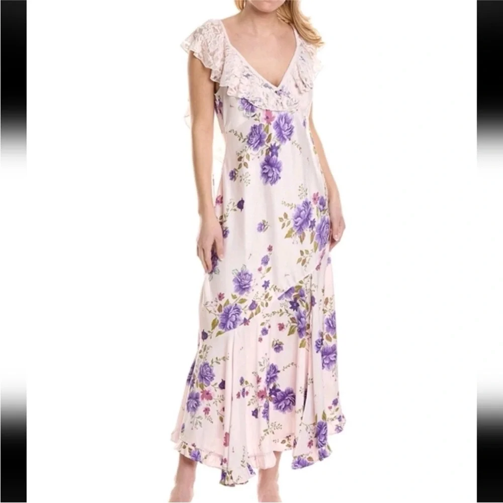 NWOT Free People Warm Hearts Floral Lace-Trim Slip Dress in Lavender and Cream - Picture 3 of 5